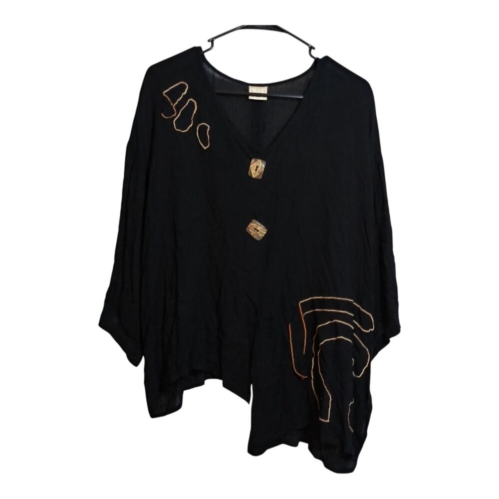 Tara Vao Black Embroidered Lightweight Artsy Lagenlook Asymmetrical Top Size XL